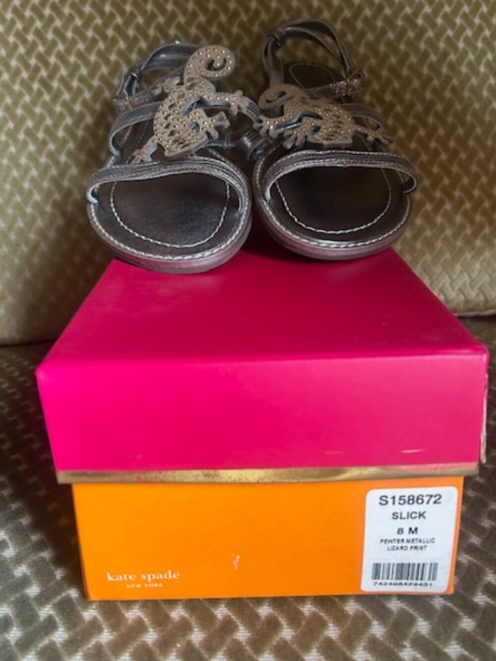 Kate Spade Pewter Metallic Lizard Gecko Crystal Stud Embellished Strap Sandals